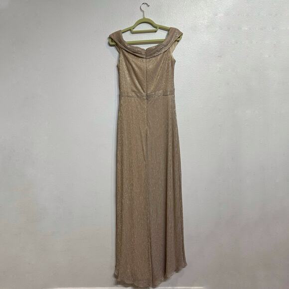 Aqua Gold Ruffled Cap Sleeve Off Shoulder Metallic Maxi Gown Sz 4 NWT - Picture 11 of 14